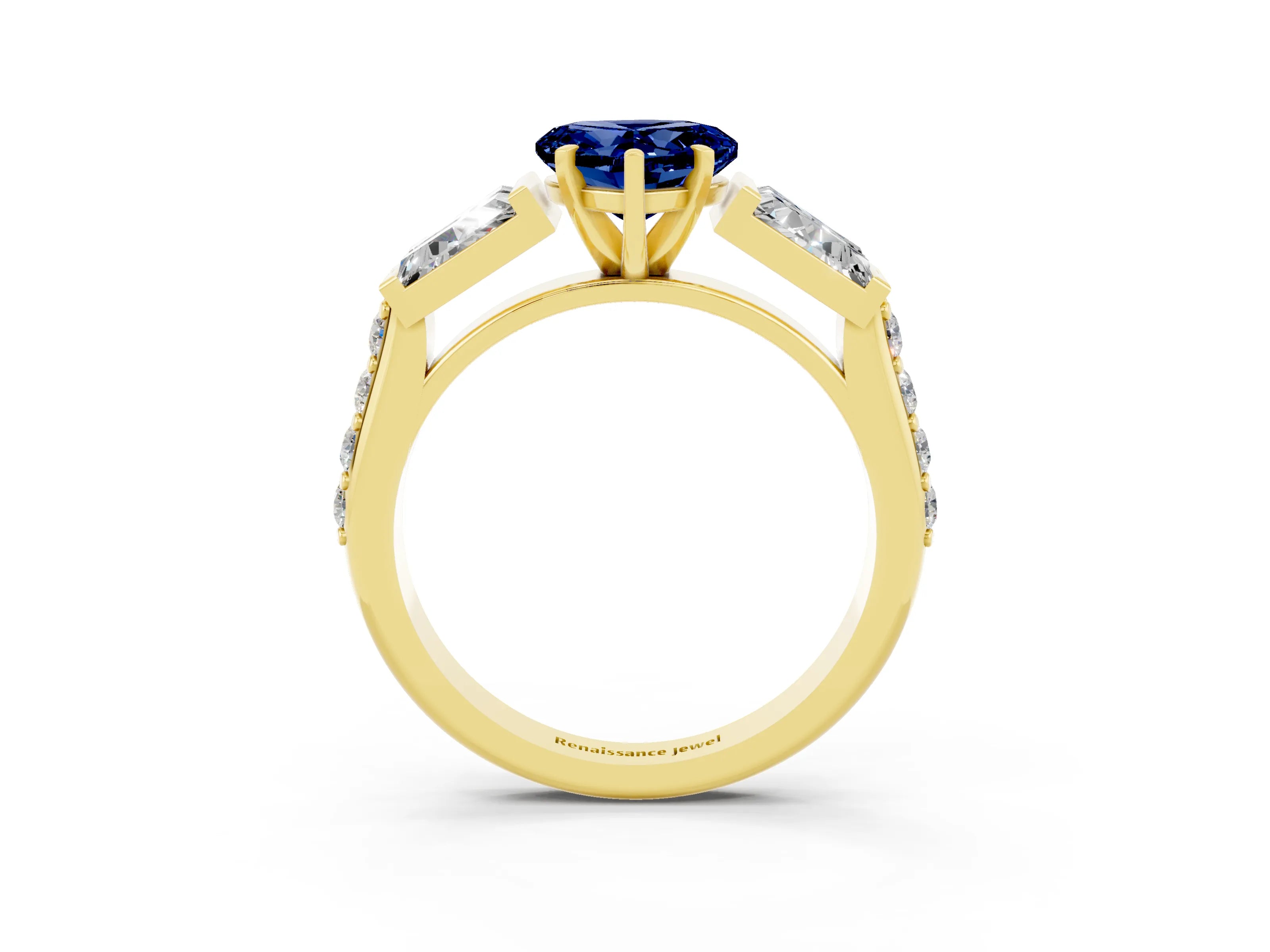 Yellow gold Heart Cut Blue Sapphire Engagement Ring with Baguette Side Stones and Channel Set Band_3