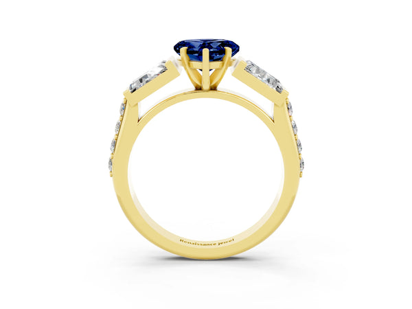 Yellow gold Heart Cut Blue Sapphire Engagement Ring with Baguette Side Stones and Channel Set Band
