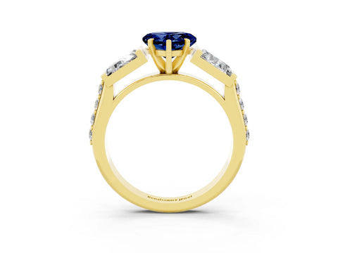 Yellow gold Heart Cut Blue Sapphire Engagement Ring with Baguette Side Stones and Channel Set Band_3