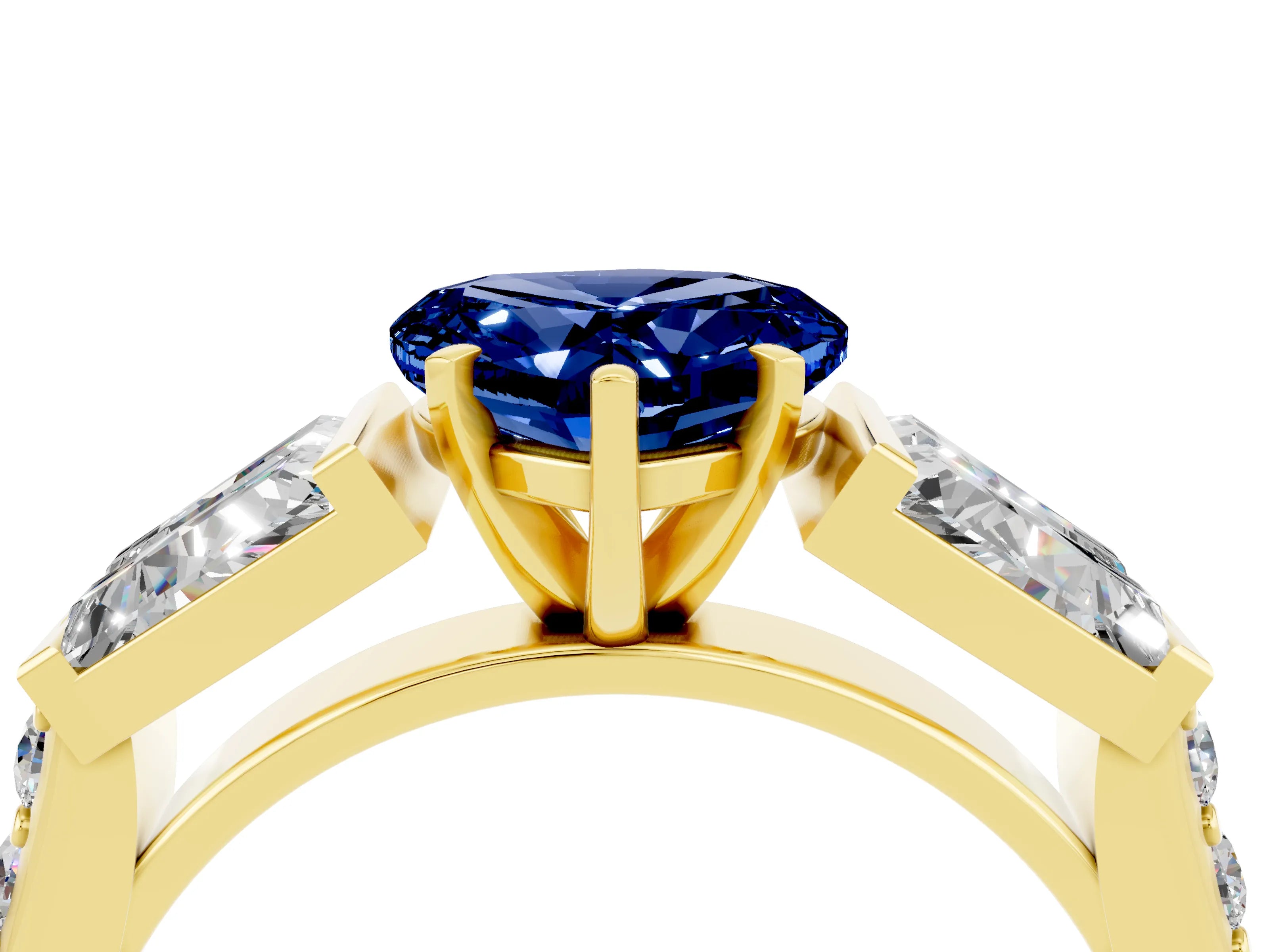 Yellow gold Heart Cut Blue Sapphire Engagement Ring with Baguette Side Stones and Channel Set Band_4