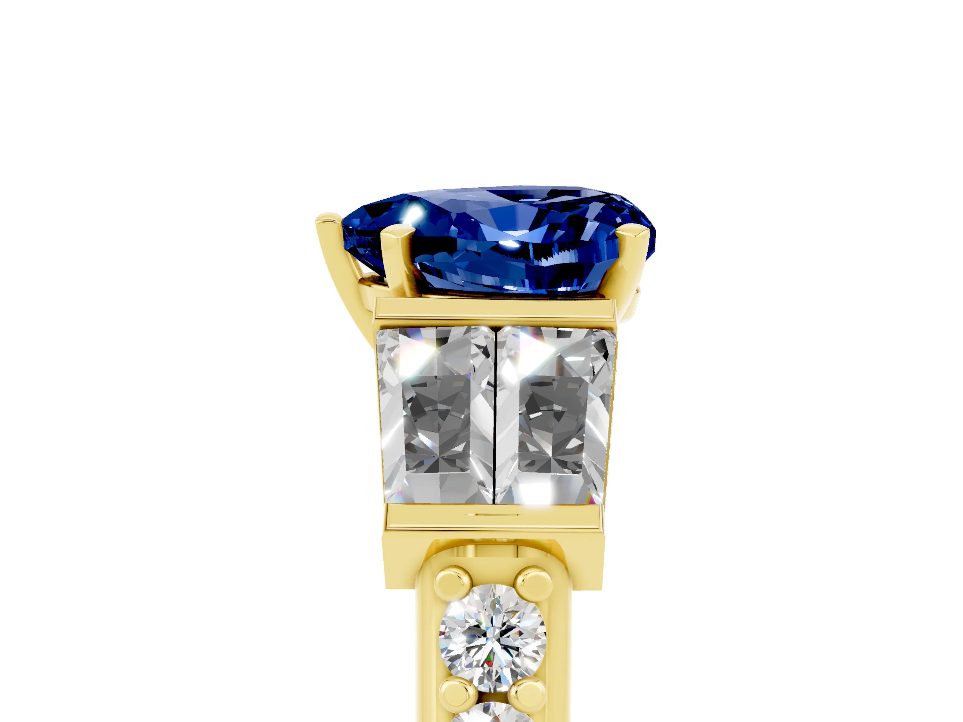 Yellow gold Heart Cut Blue Sapphire Engagement Ring with Baguette Side Stones and Channel Set Band_5