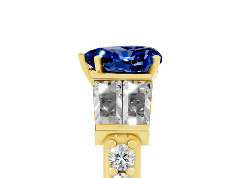 Yellow gold Heart Cut Blue Sapphire Engagement Ring with Baguette Side Stones and Channel Set Band_5