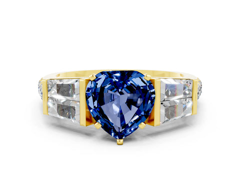 Yellow gold Heart Cut Blue Sapphire Engagement Ring with Baguette Side Stones and Channel Set Band