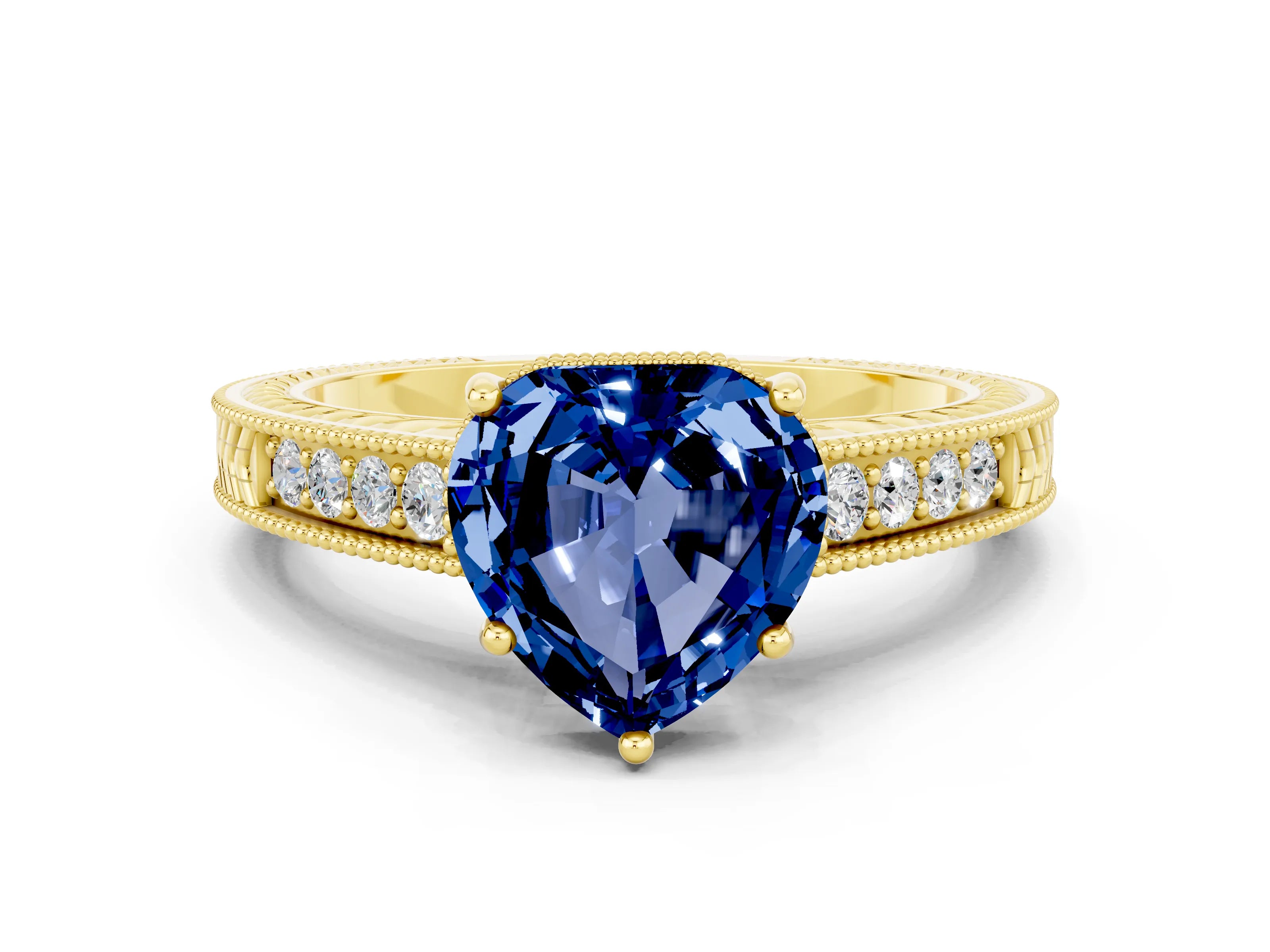 Yellow gold Heart Cut Blue Sapphire Engagement Ring with Milgrain Channel Set Band and Prong Setting