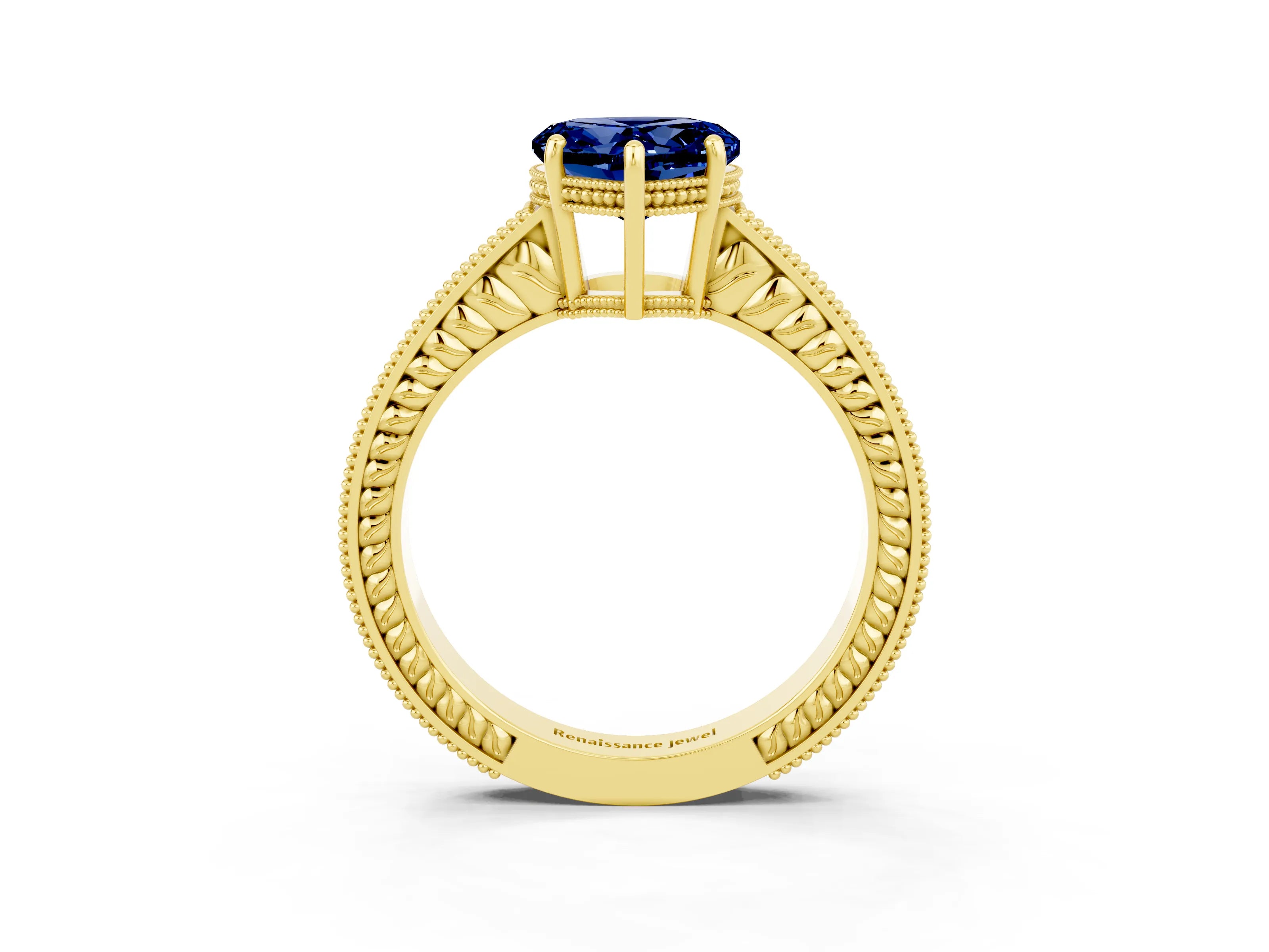 Yellow gold Heart Cut Blue Sapphire Engagement Ring with Milgrain Channel Set Band and Prong Setting_3
