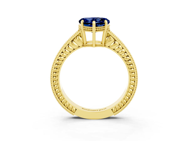 Yellow gold Heart Cut Blue Sapphire Engagement Ring with Milgrain Channel Set Band and Prong Setting