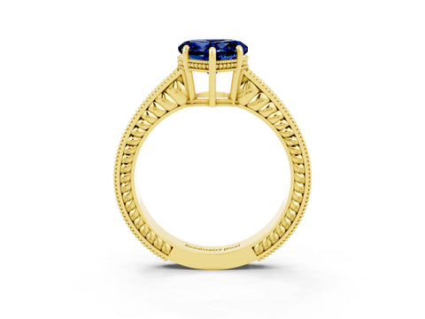 Yellow gold Heart Cut Blue Sapphire Engagement Ring with Milgrain Channel Set Band and Prong Setting_3