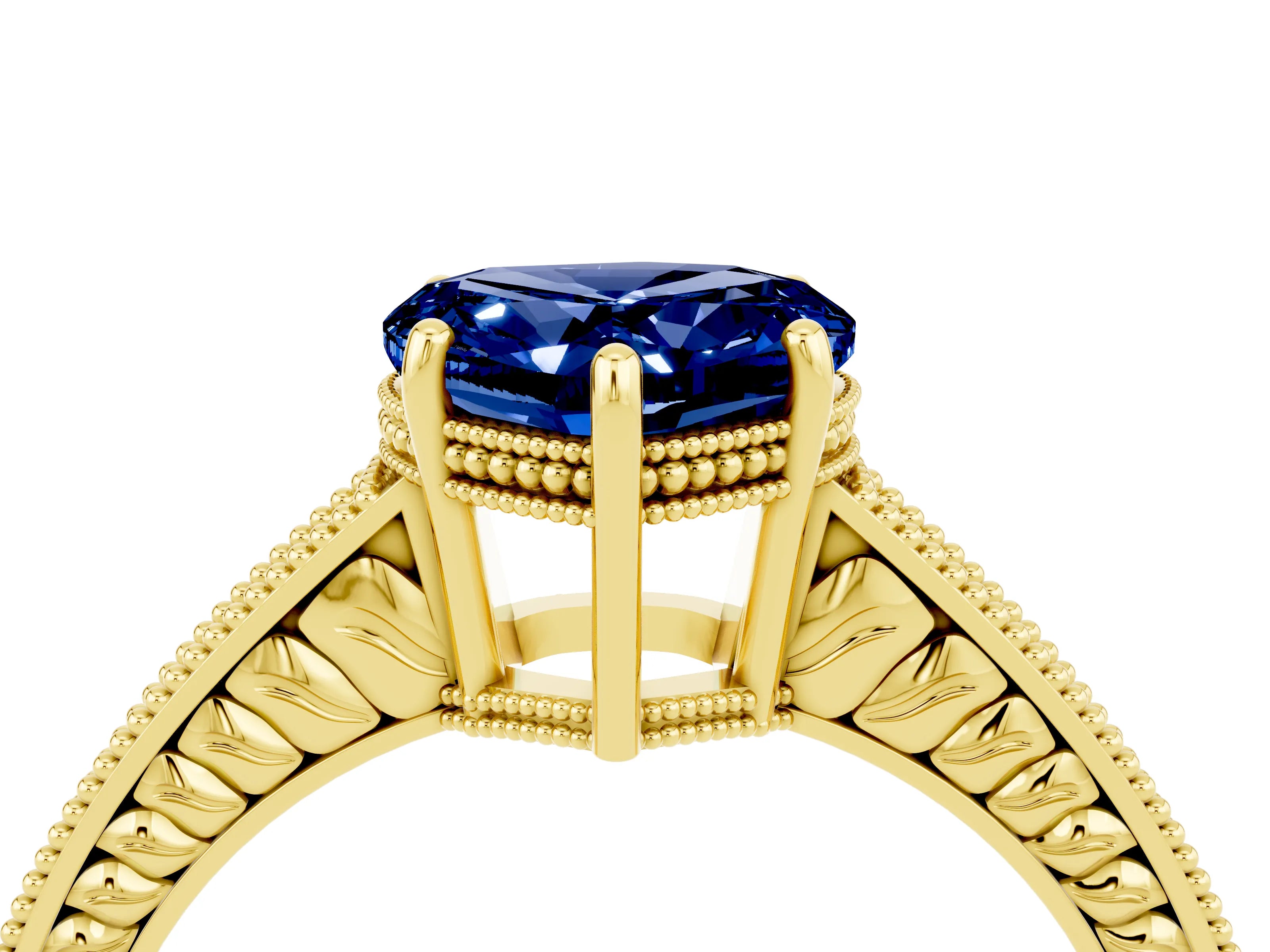 Yellow gold Heart Cut Blue Sapphire Engagement Ring with Milgrain Channel Set Band and Prong Setting_4