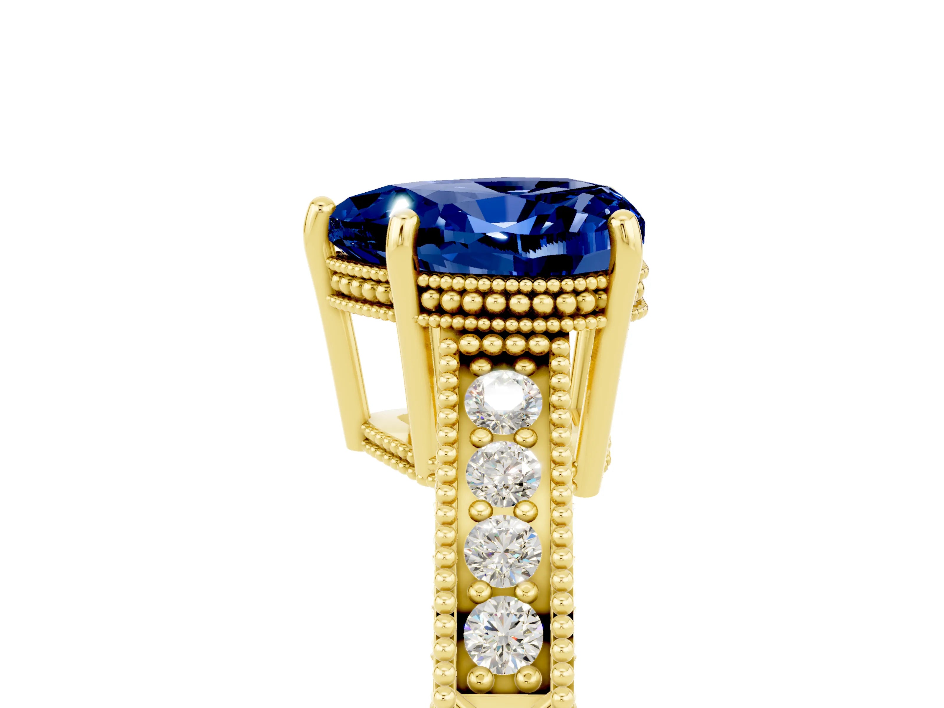 Yellow gold Heart Cut Blue Sapphire Engagement Ring with Milgrain Channel Set Band and Prong Setting_5