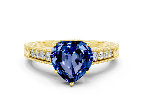 Yellow gold Heart Cut Blue Sapphire Engagement Ring with Milgrain Channel Set Band and Prong Setting