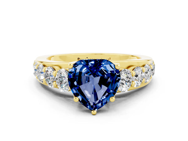 Yellow gold Heart Cut Blue Sapphire Engagement Ring with Pavé Band and Four-Prong Setting