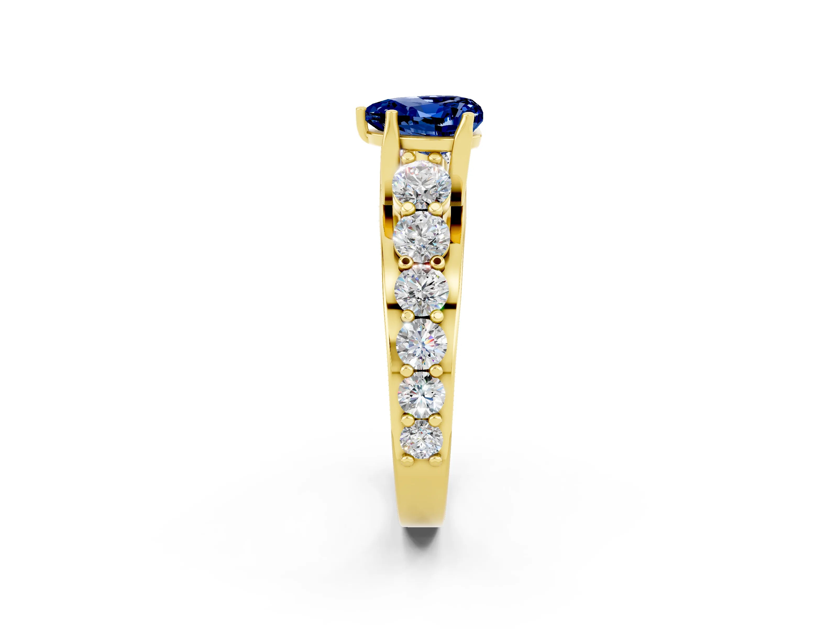 Yellow gold Heart Cut Blue Sapphire Engagement Ring with Pavé Band and Four-Prong Setting_2