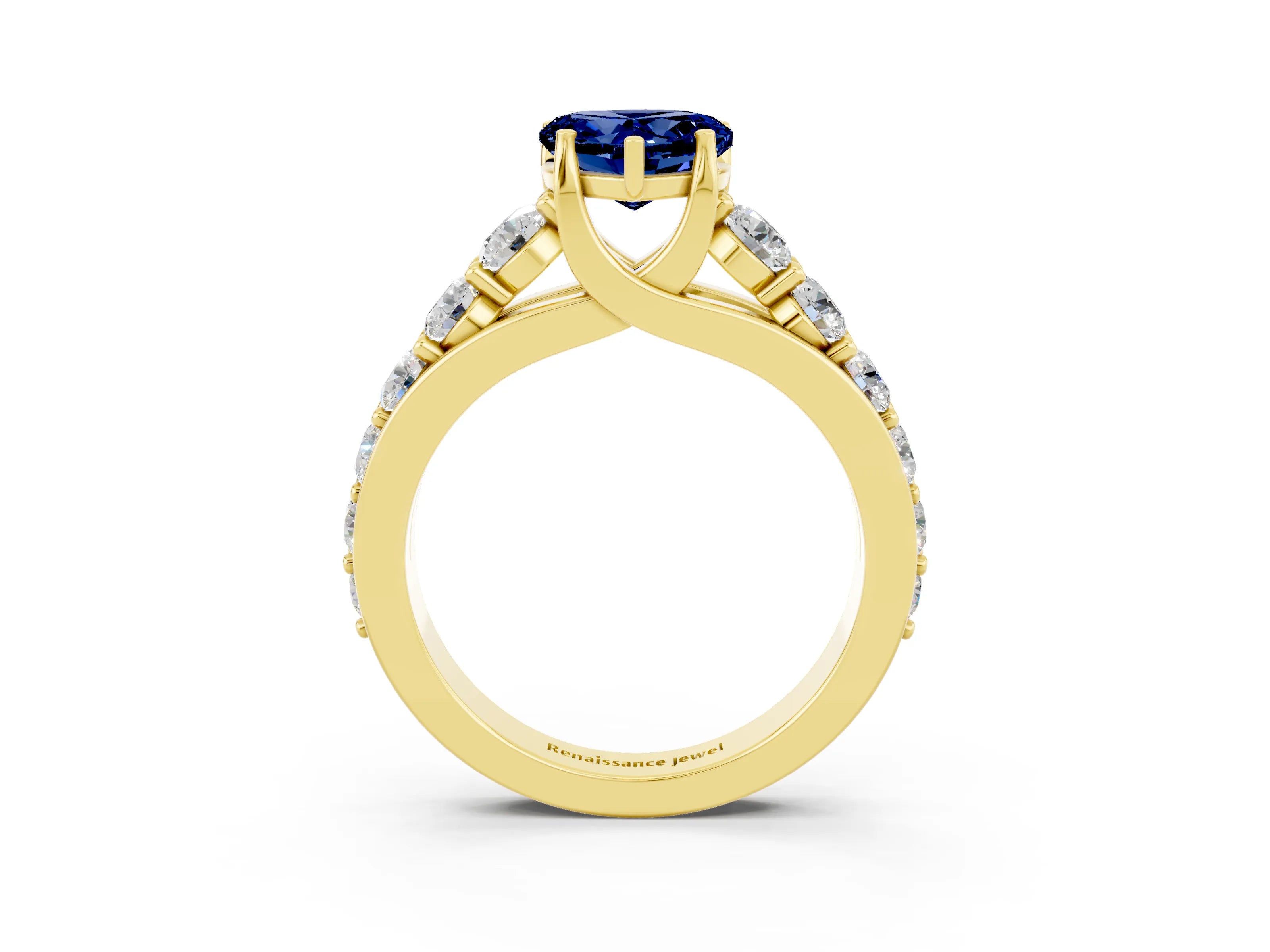 Yellow gold Heart Cut Blue Sapphire Engagement Ring with Pavé Band and Four-Prong Setting_3