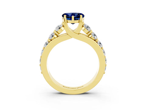 Yellow gold Heart Cut Blue Sapphire Engagement Ring with Pavé Band and Four-Prong Setting_3
