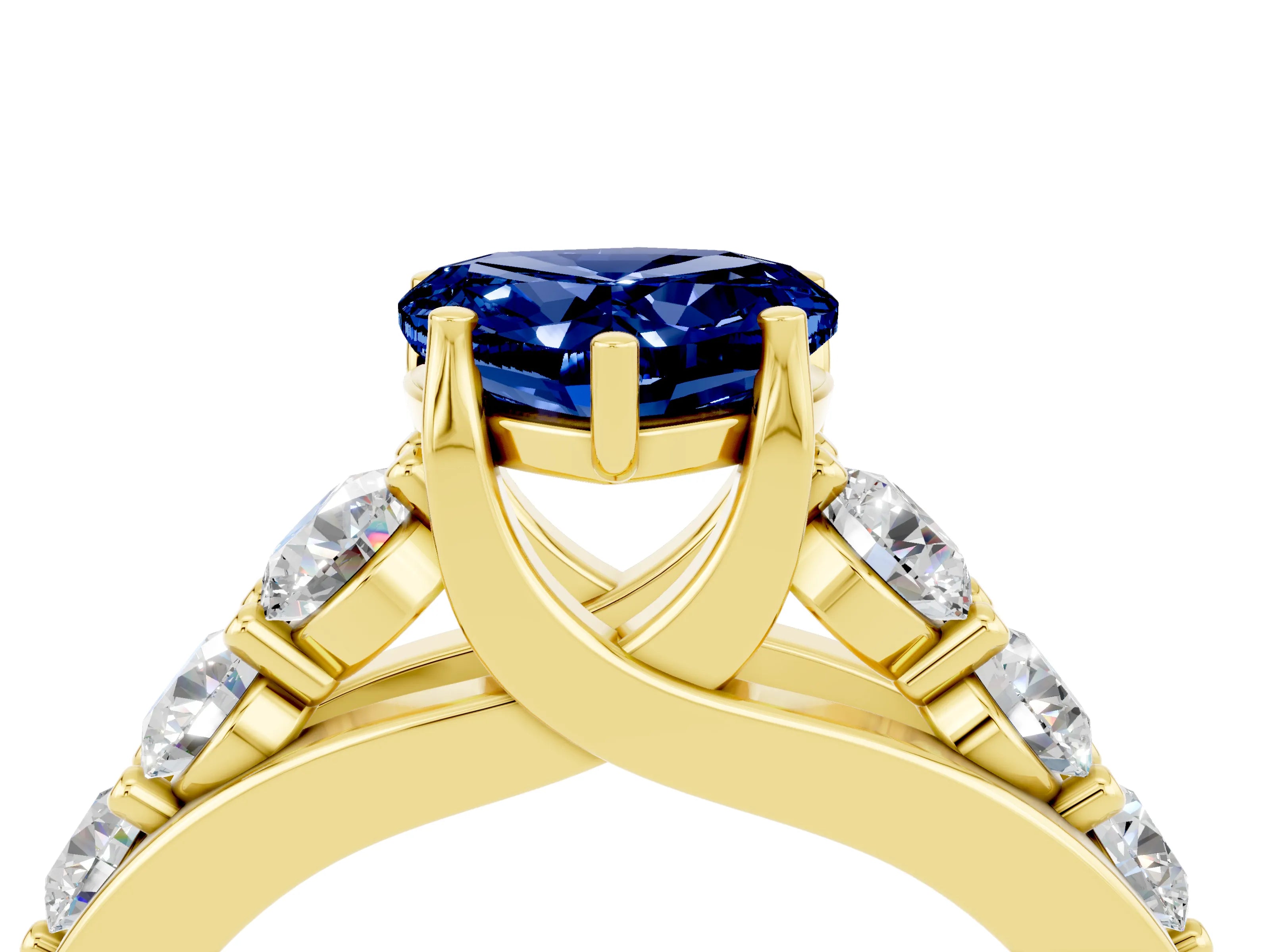 Yellow gold Heart Cut Blue Sapphire Engagement Ring with Pavé Band and Four-Prong Setting_4