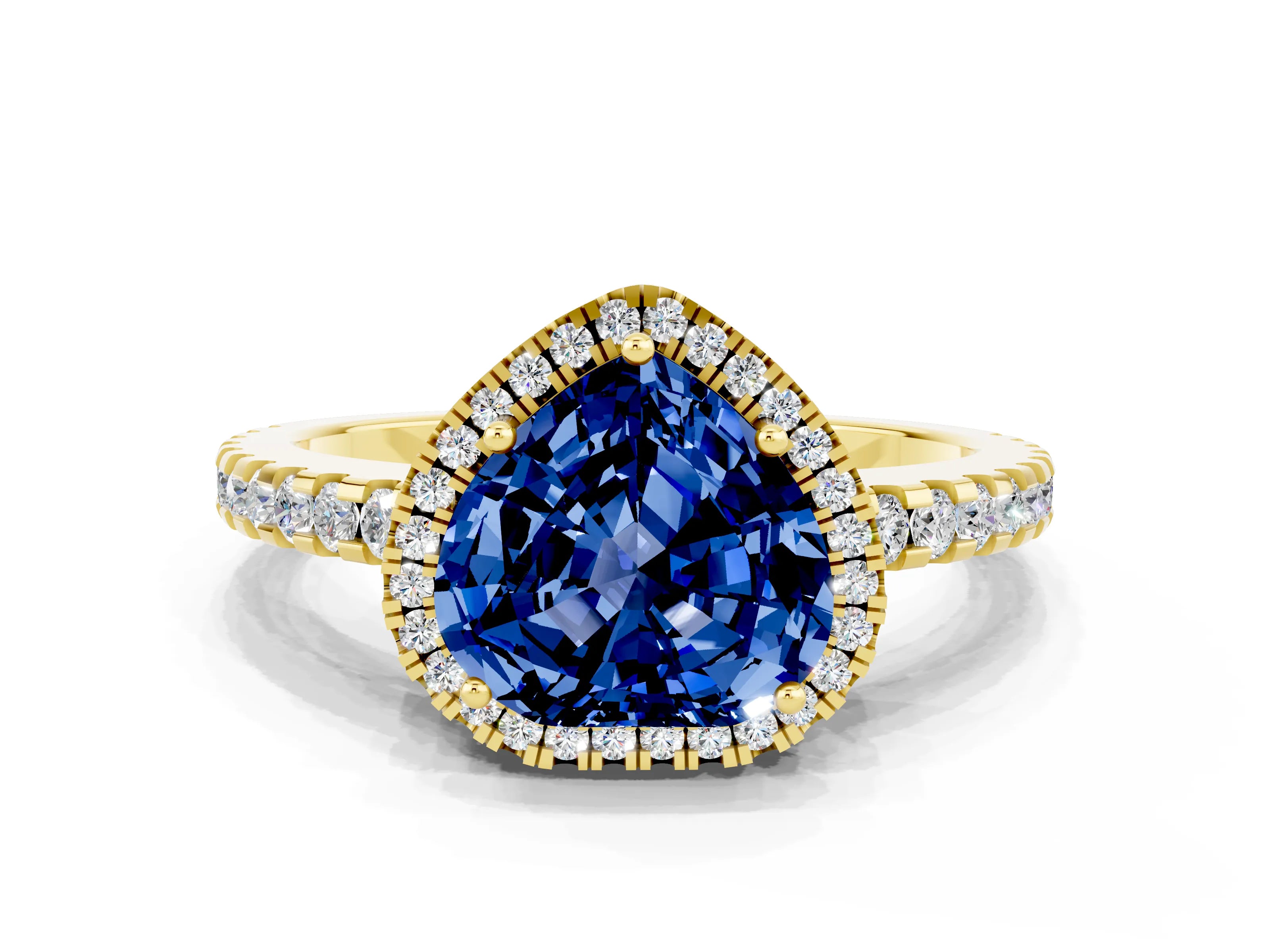 Yellow gold Heart Cut Blue Sapphire Halo Engagement Ring with Pavé Band and Prong Setting_12