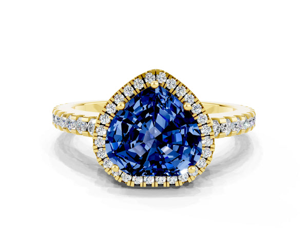 Yellow gold Heart Cut Blue Sapphire Halo Engagement Ring with Pavé Band and Prong Setting