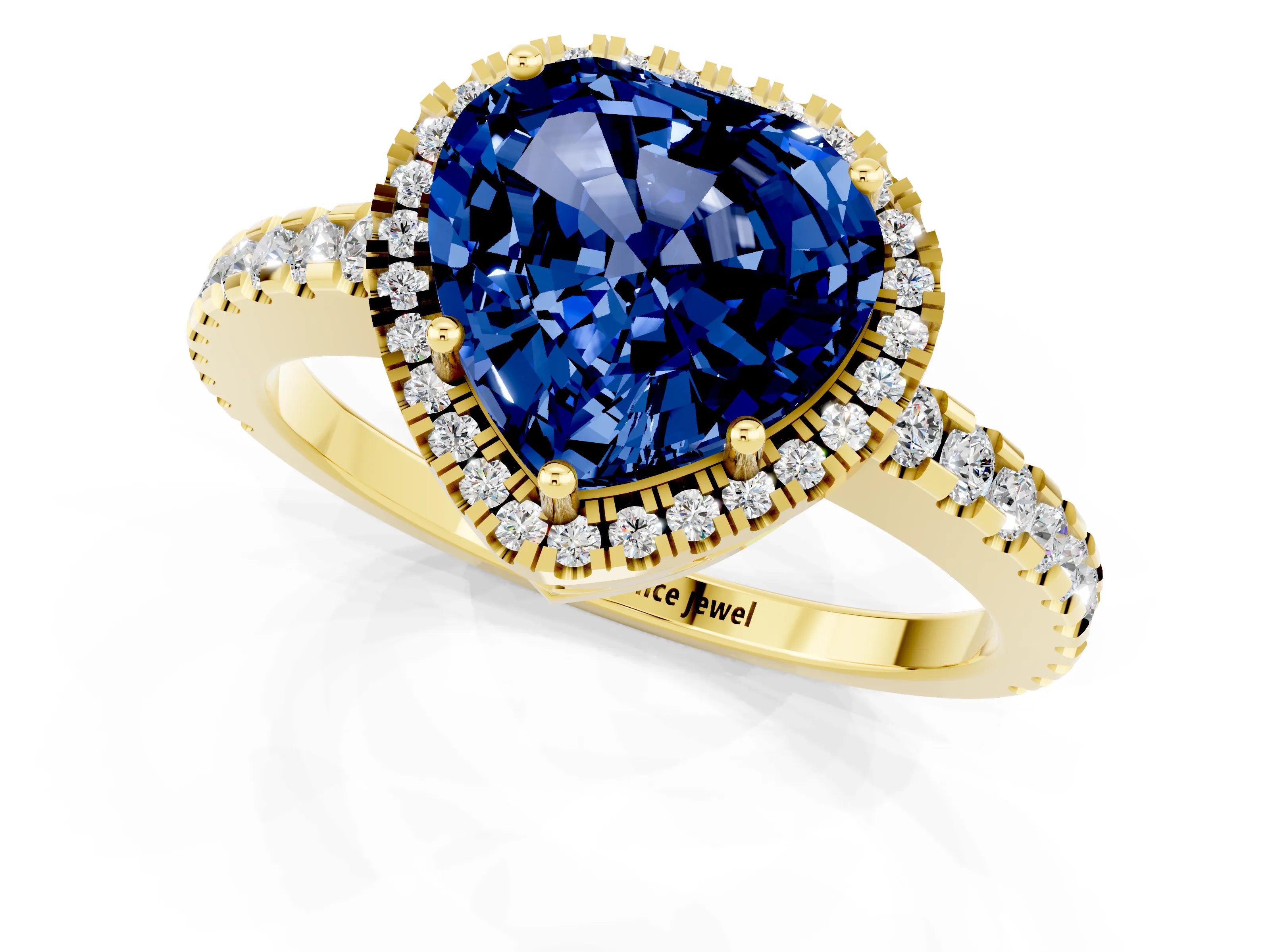 Yellow gold Heart Cut Blue Sapphire Halo Engagement Ring with Pavé Band and Prong Setting_13