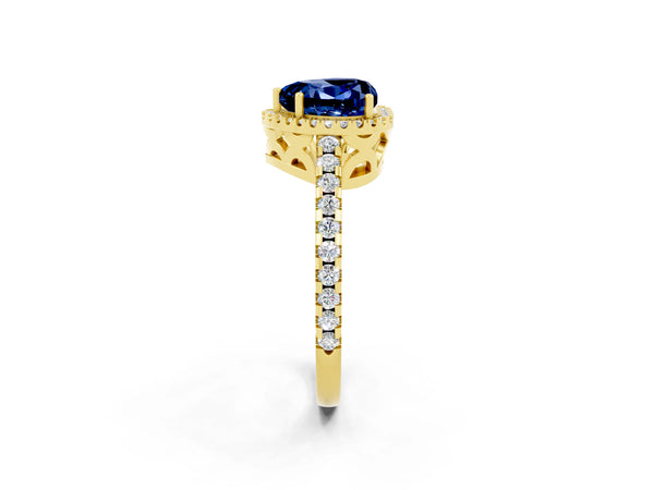 Yellow gold Heart Cut Blue Sapphire Halo Engagement Ring with Pavé Band and Prong Setting