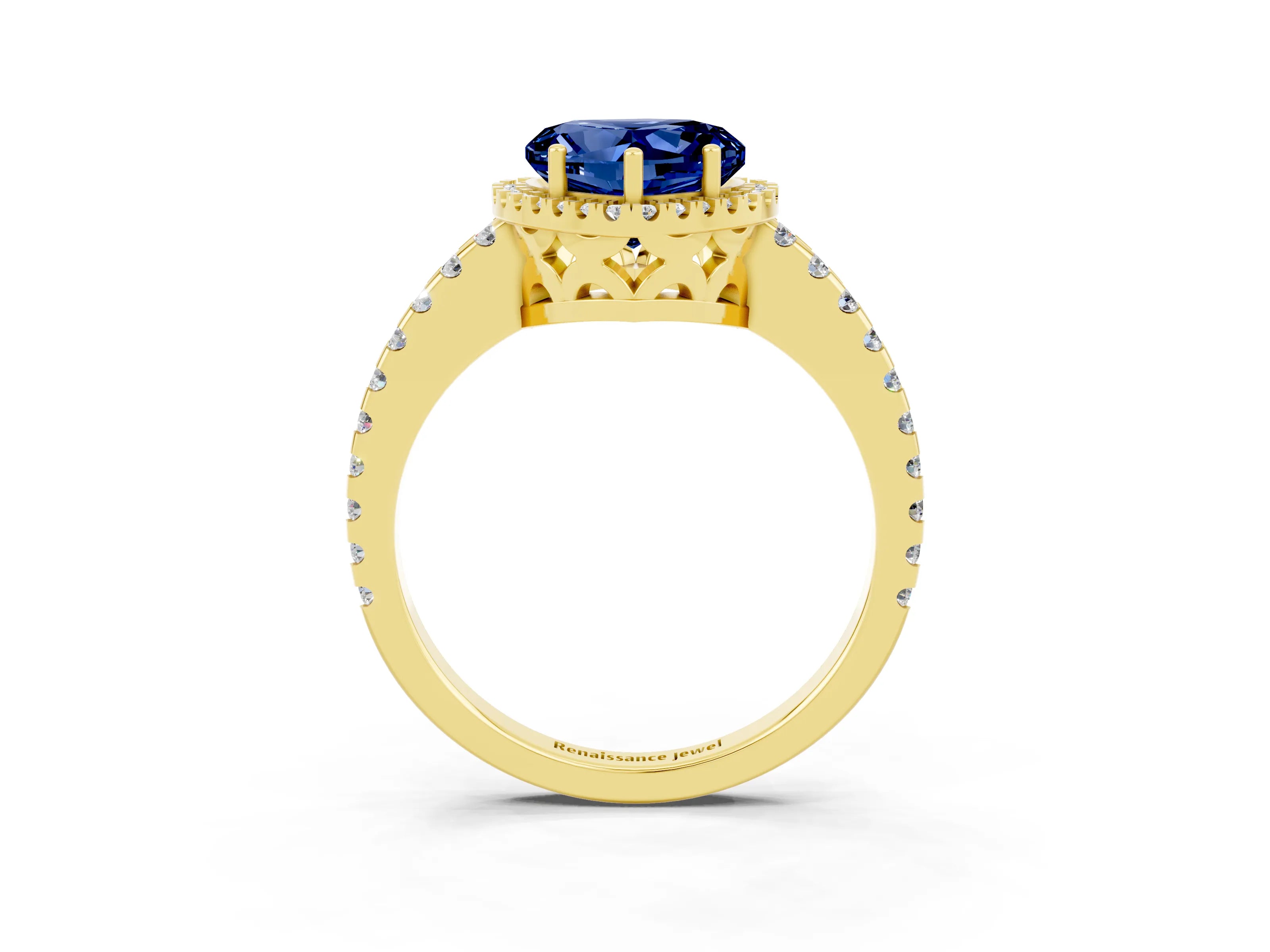 Yellow gold Heart Cut Blue Sapphire Halo Engagement Ring with Pavé Band and Prong Setting_15