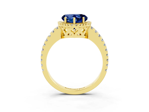 Yellow gold Heart Cut Blue Sapphire Halo Engagement Ring with Pavé Band and Prong Setting