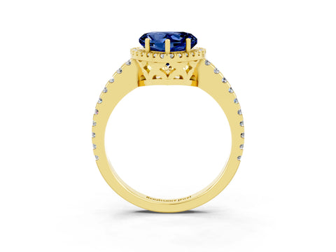 Yellow gold Heart Cut Blue Sapphire Halo Engagement Ring with Pavé Band and Prong Setting_15