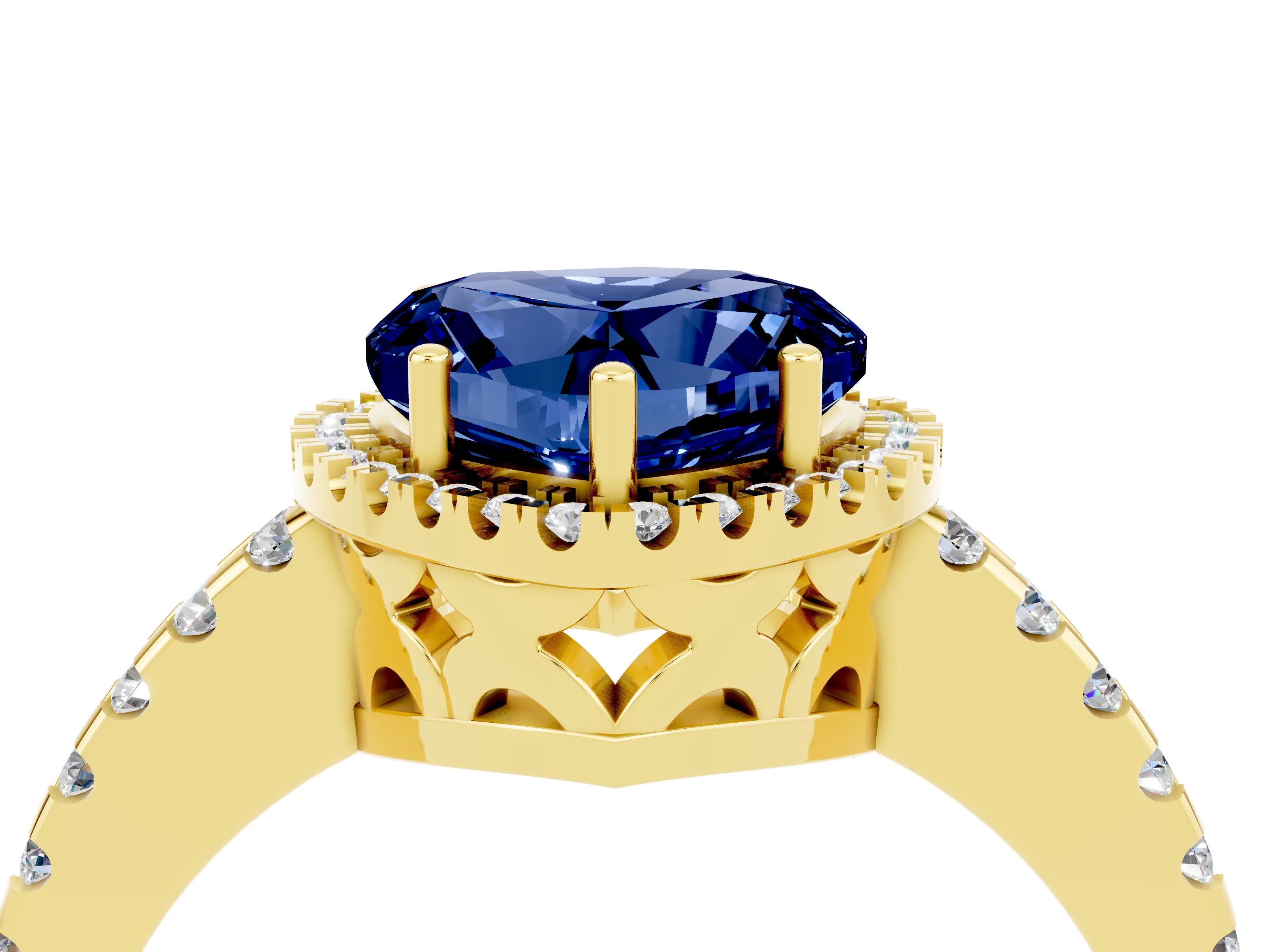 Yellow gold Heart Cut Blue Sapphire Halo Engagement Ring with Pavé Band and Prong Setting_16