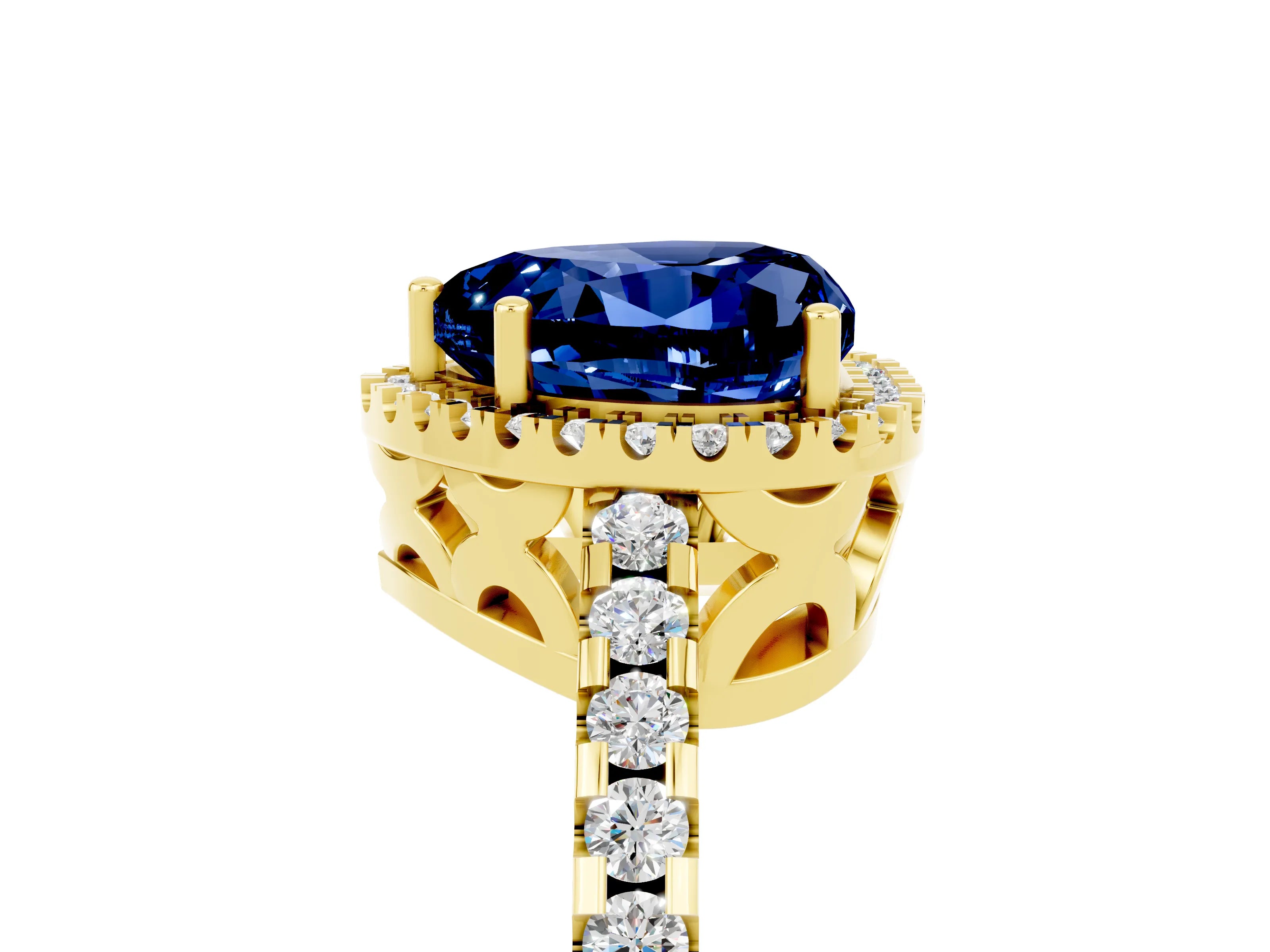 Yellow gold Heart Cut Blue Sapphire Halo Engagement Ring with Pavé Band and Prong Setting_17
