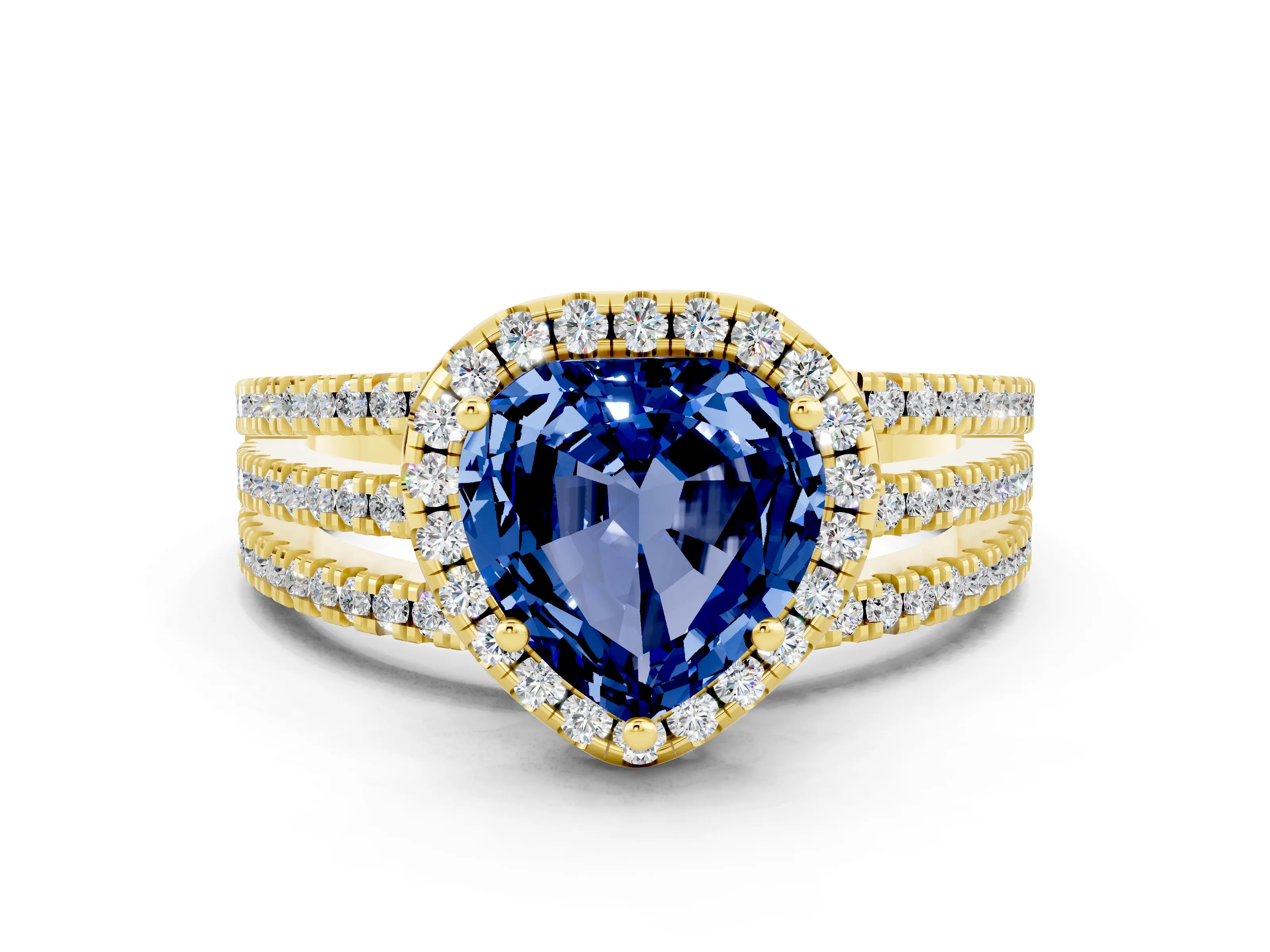 Yellow gold Heart Cut Blue Sapphire Halo Engagement Ring with Split Shank and Four-Prong Setting