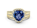 Yellow gold Heart Cut Blue Sapphire Halo Engagement Ring with Split Shank and Four-Prong Setting