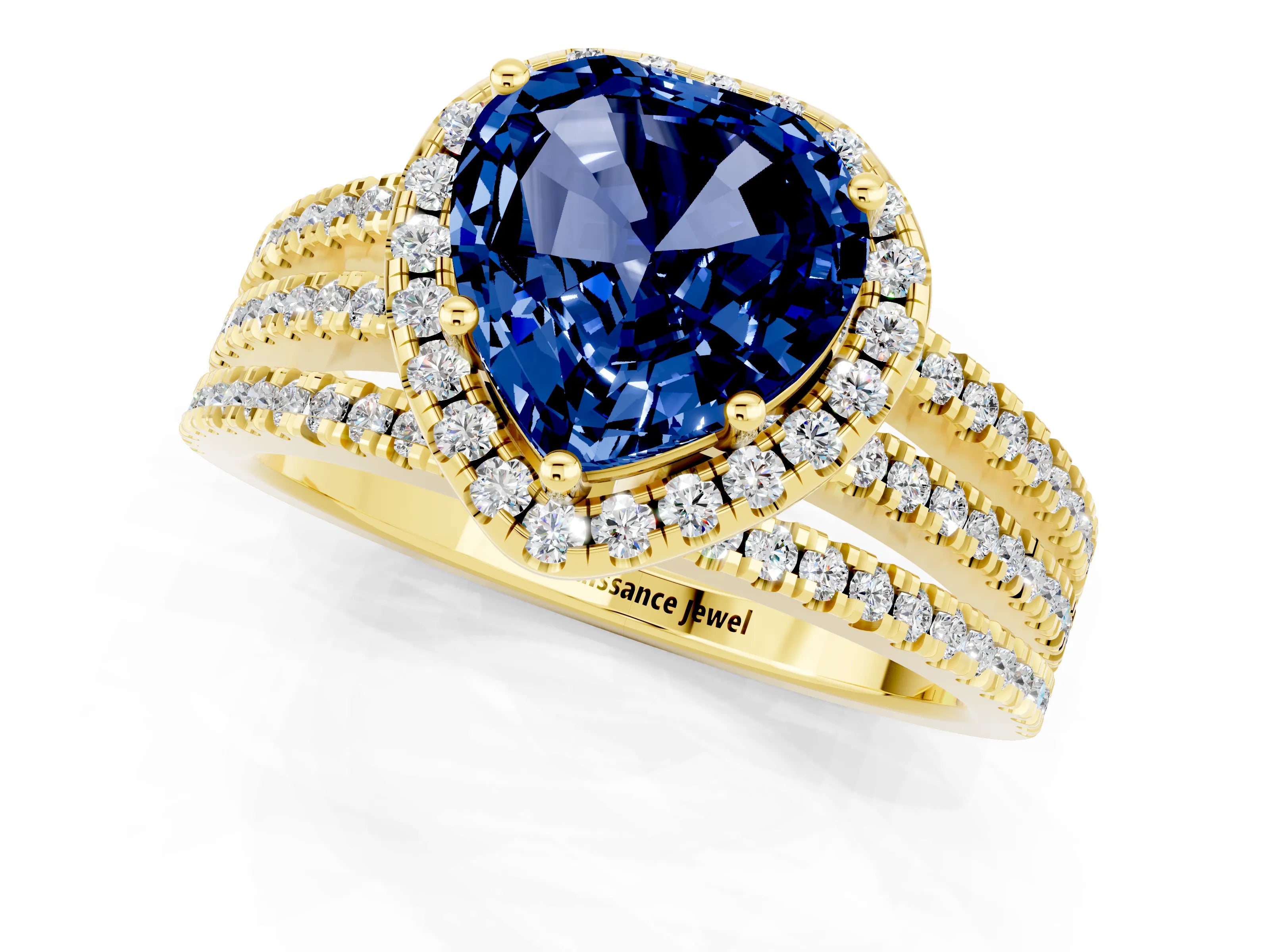 Yellow gold Heart Cut Blue Sapphire Halo Engagement Ring with Split Shank and Four-Prong Setting_1