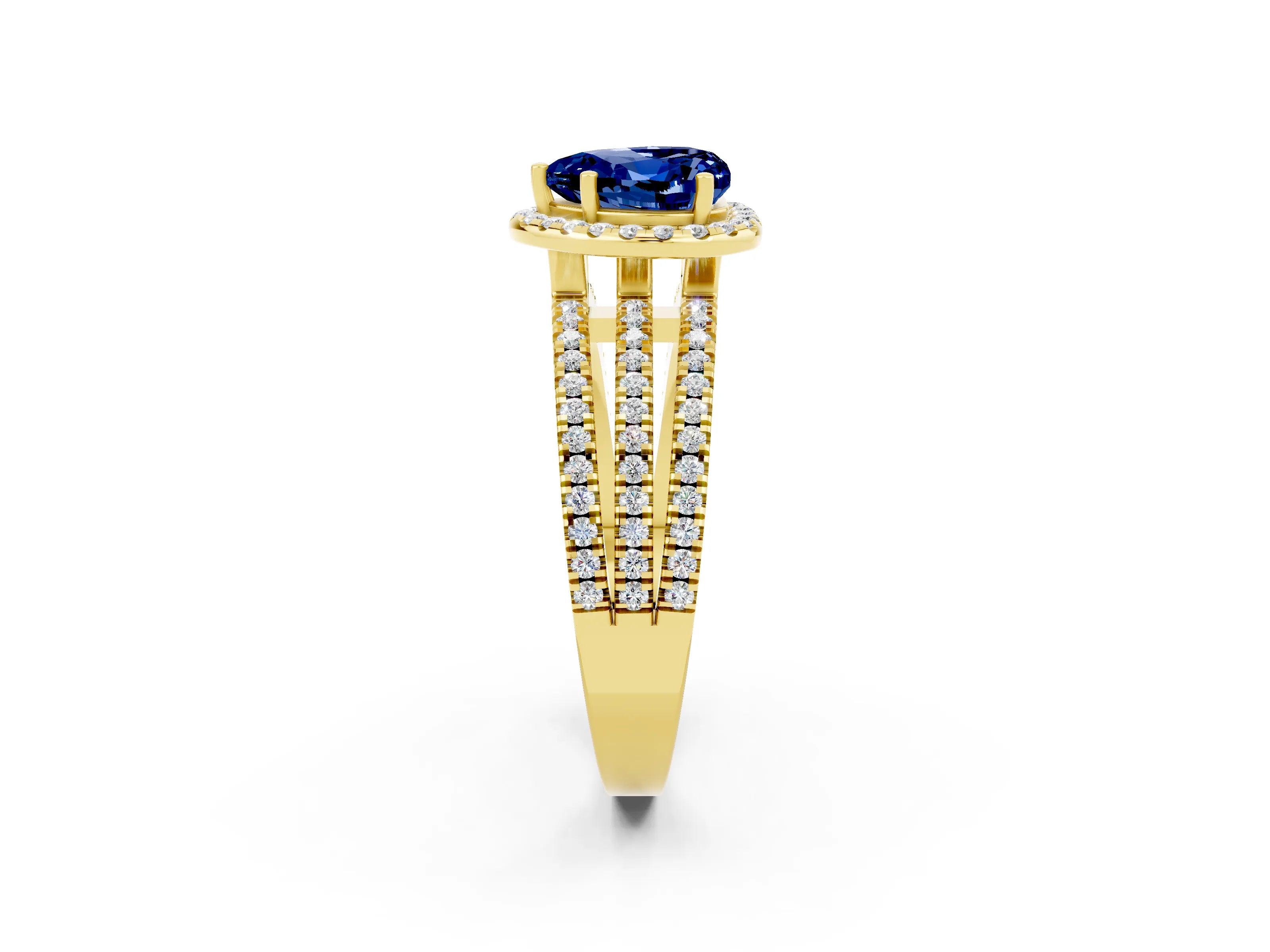 Yellow gold Heart Cut Blue Sapphire Halo Engagement Ring with Split Shank and Four-Prong Setting_2
