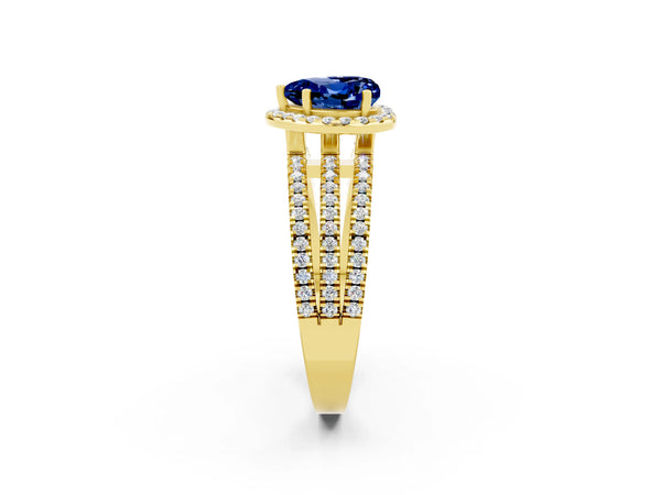 Yellow gold Heart Cut Blue Sapphire Halo Engagement Ring with Split Shank and Four-Prong Setting