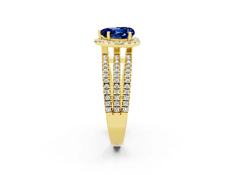 Yellow gold Heart Cut Blue Sapphire Halo Engagement Ring with Split Shank and Four-Prong Setting_2