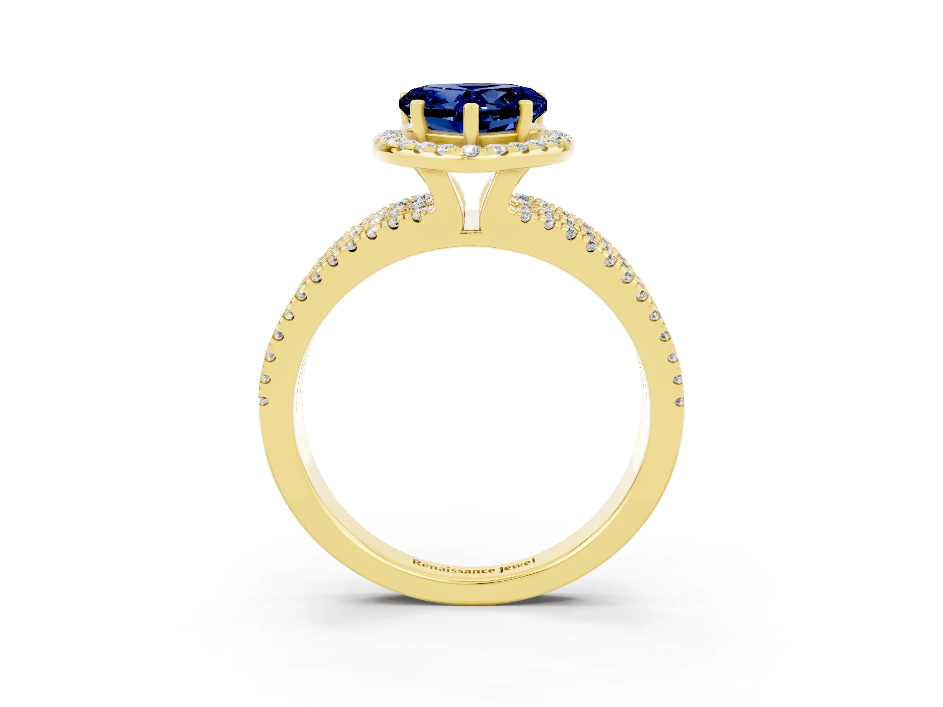 Yellow gold Heart Cut Blue Sapphire Halo Engagement Ring with Split Shank and Four-Prong Setting_3