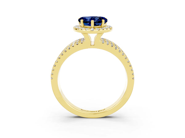 Yellow gold Heart Cut Blue Sapphire Halo Engagement Ring with Split Shank and Four-Prong Setting