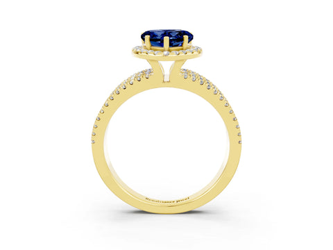 Yellow gold Heart Cut Blue Sapphire Halo Engagement Ring with Split Shank and Four-Prong Setting_3
