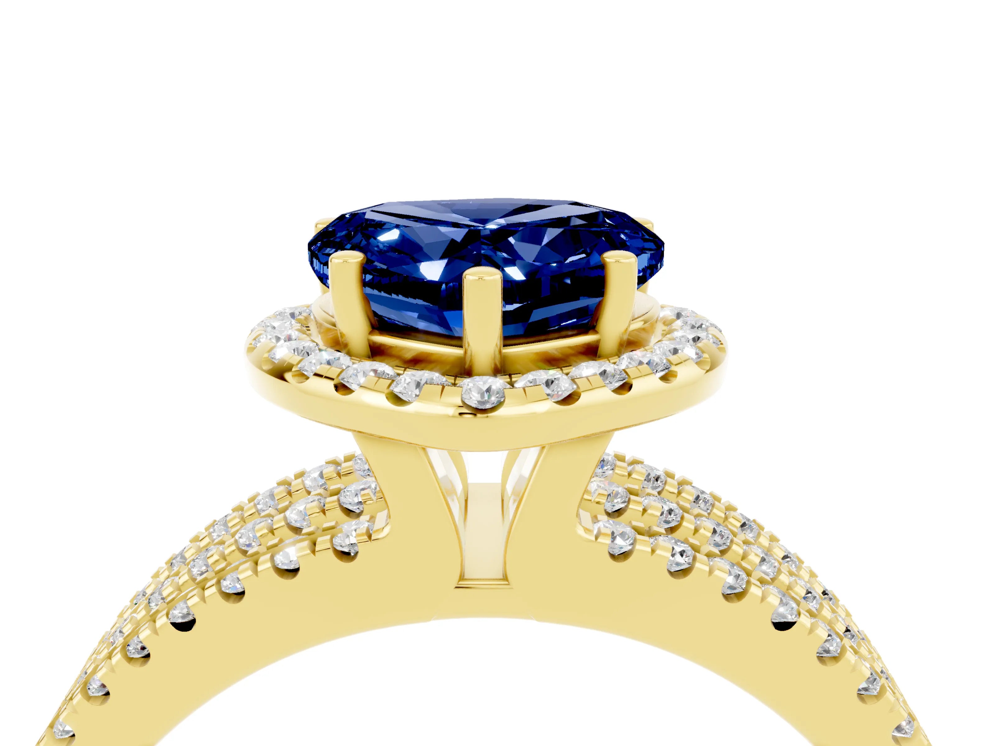 Yellow gold Heart Cut Blue Sapphire Halo Engagement Ring with Split Shank and Four-Prong Setting_4