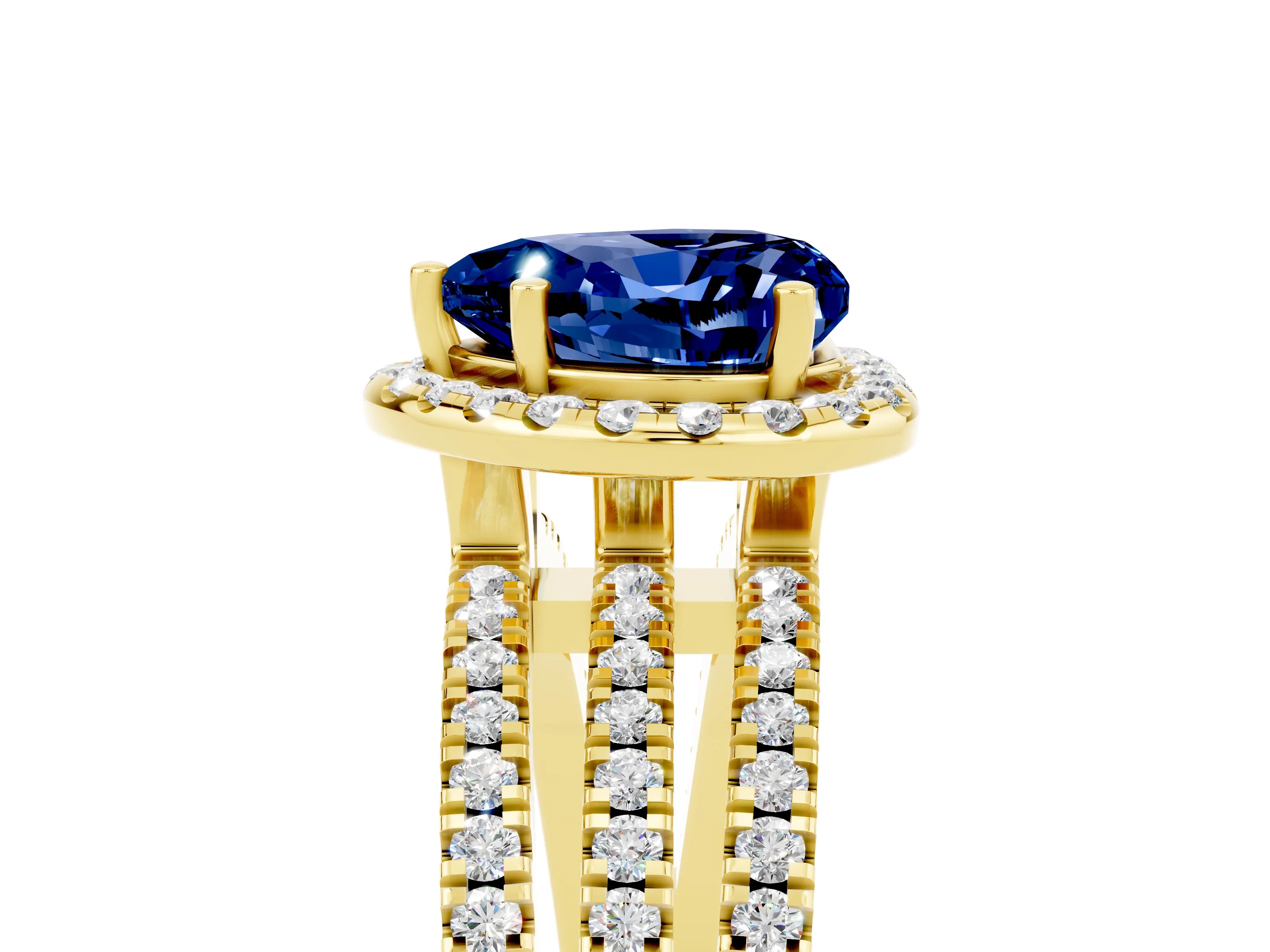 Yellow gold Heart Cut Blue Sapphire Halo Engagement Ring with Split Shank and Four-Prong Setting_5