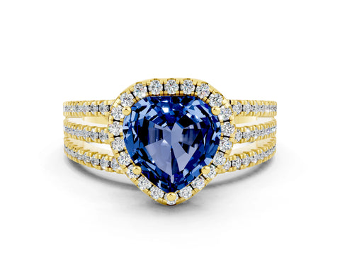 Yellow gold Heart Cut Blue Sapphire Halo Engagement Ring with Split Shank and Four-Prong Setting