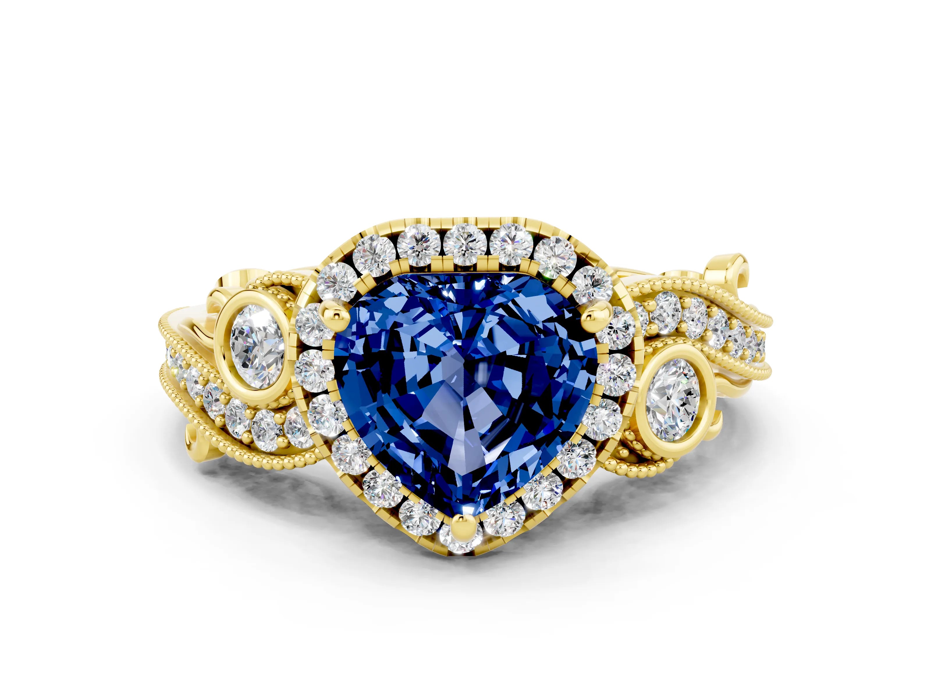 Yellow gold Heart Cut Blue Sapphire Halo Ring with Milgrain Pavé Band and Four-Prong Setting_12