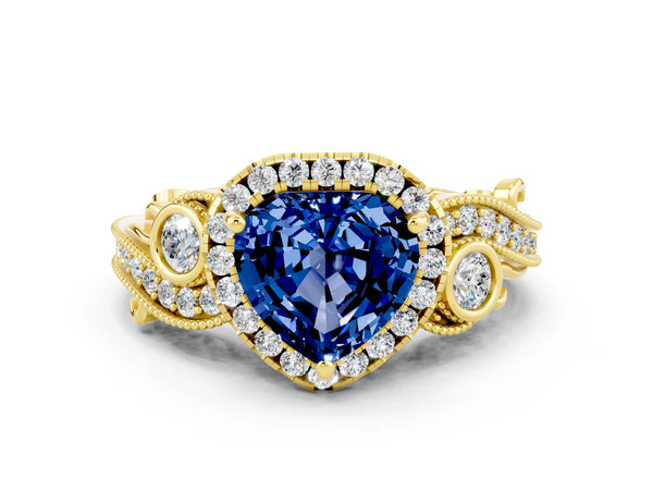 Yellow gold Heart Cut Blue Sapphire Halo Ring with Milgrain Pavé Band and Four-Prong Setting