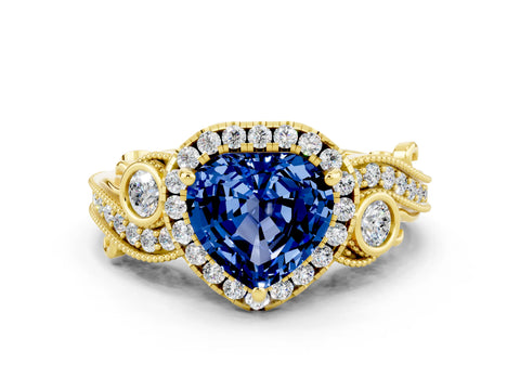 Yellow gold Heart Cut Blue Sapphire Halo Ring with Milgrain Pavé Band and Four-Prong Setting_12