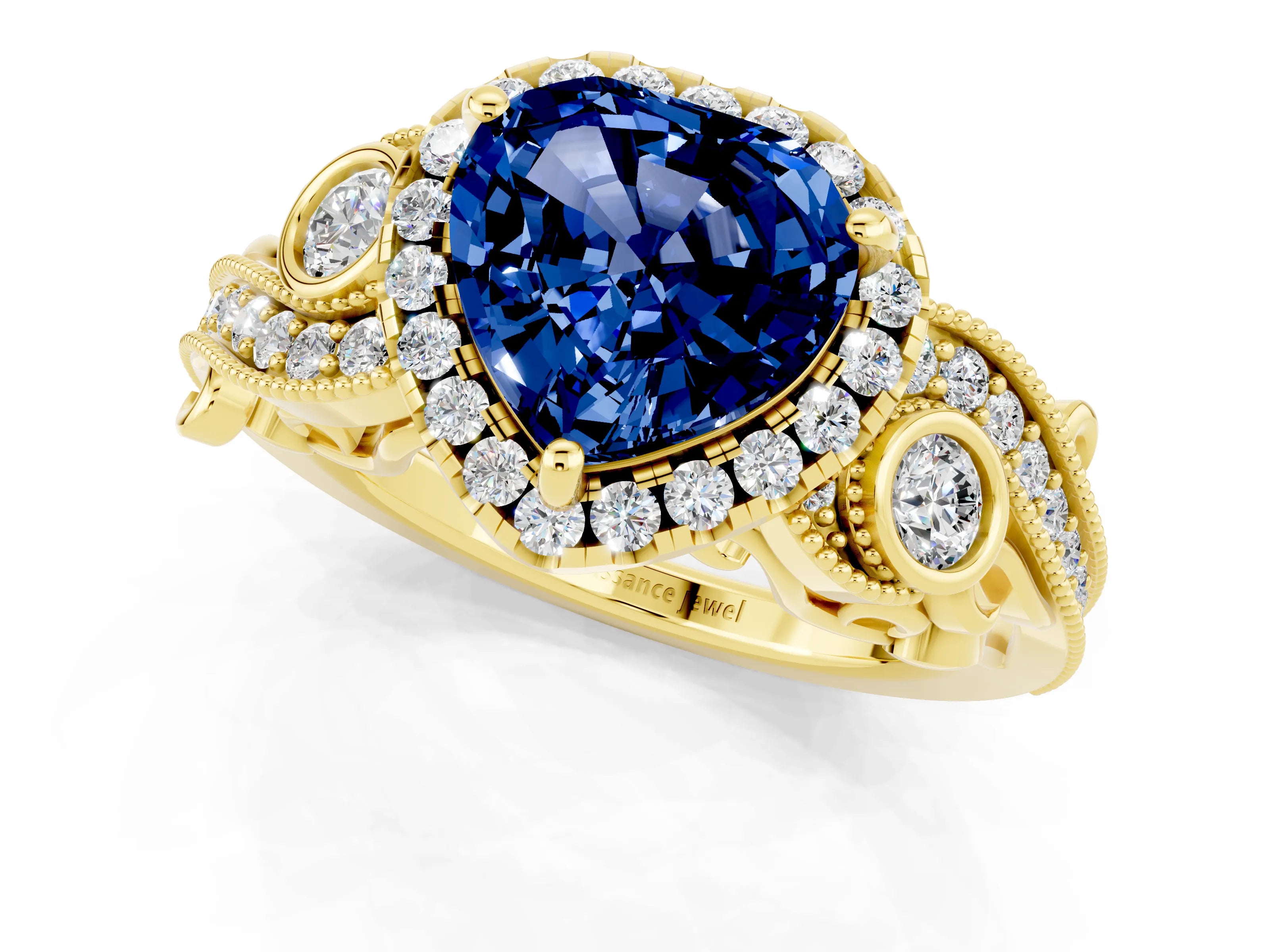 Yellow gold Heart Cut Blue Sapphire Halo Ring with Milgrain Pavé Band and Four-Prong Setting_13