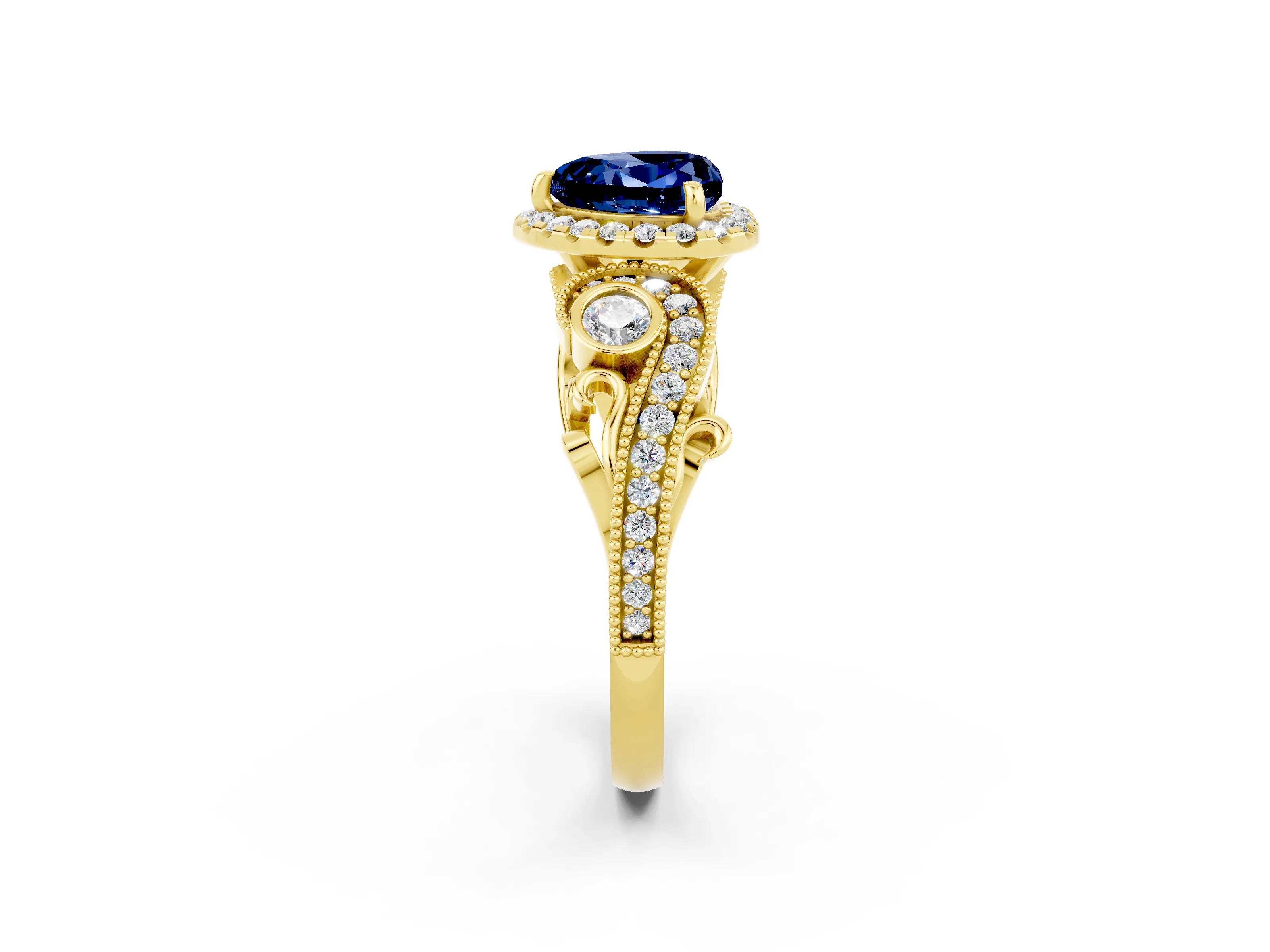 Yellow gold Heart Cut Blue Sapphire Halo Ring with Milgrain Pavé Band and Four-Prong Setting_14