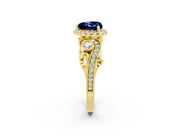 Yellow gold Heart Cut Blue Sapphire Halo Ring with Milgrain Pavé Band and Four-Prong Setting