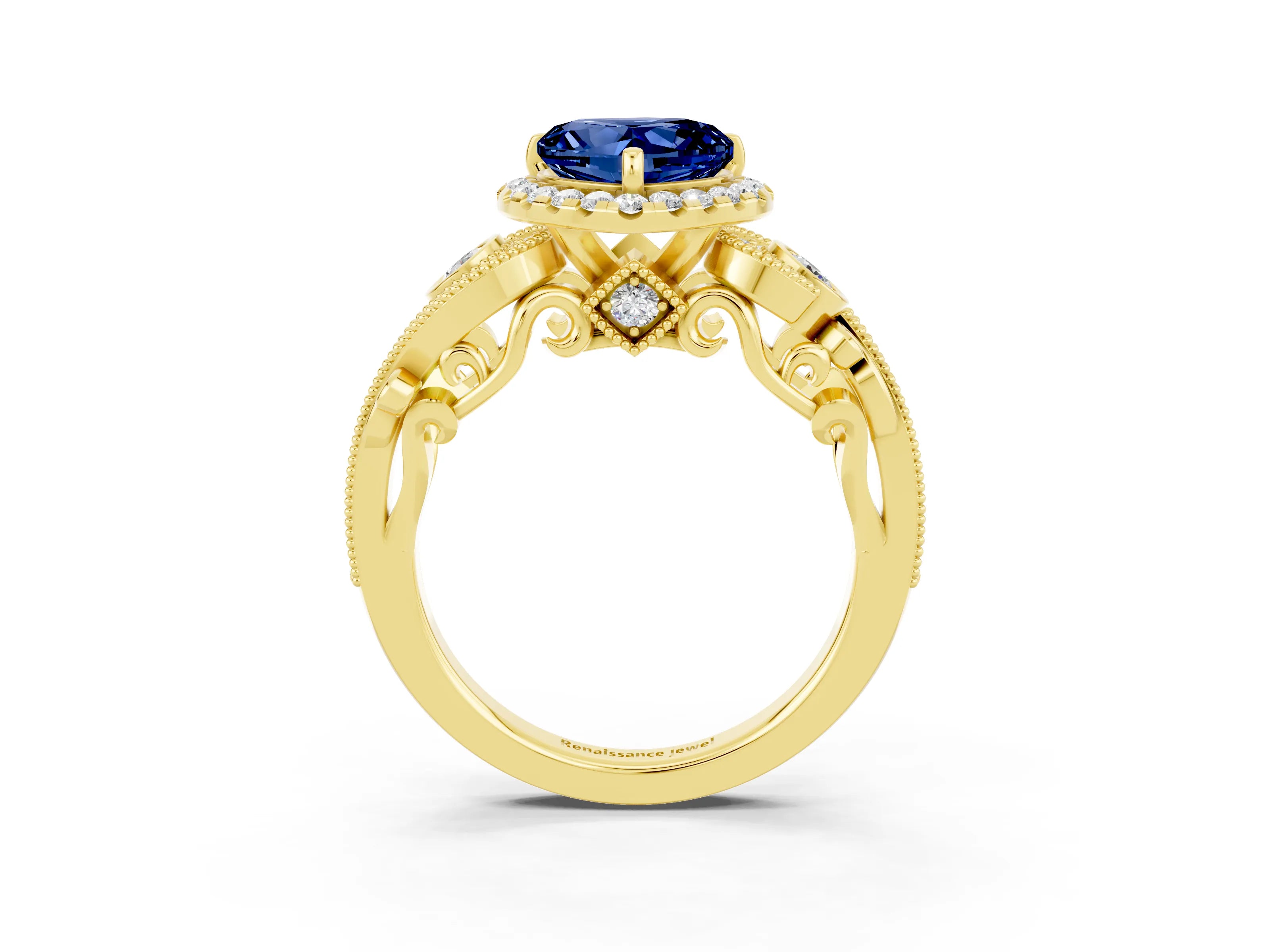 Yellow gold Heart Cut Blue Sapphire Halo Ring with Milgrain Pavé Band and Four-Prong Setting_15