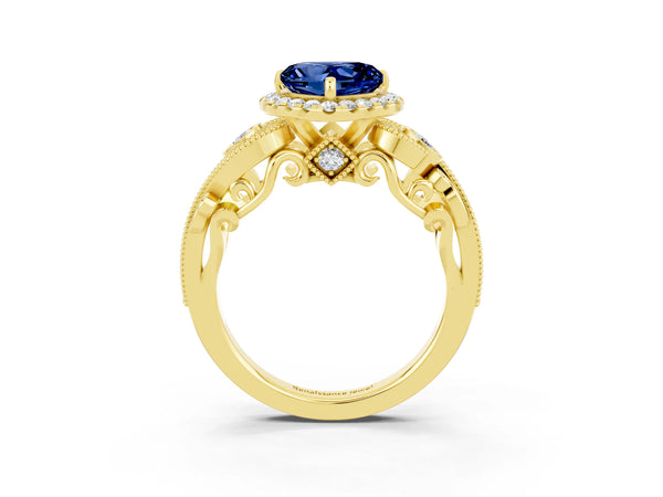 Yellow gold Heart Cut Blue Sapphire Halo Ring with Milgrain Pavé Band and Four-Prong Setting