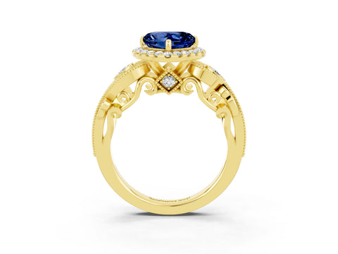 Yellow gold Heart Cut Blue Sapphire Halo Ring with Milgrain Pavé Band and Four-Prong Setting_15