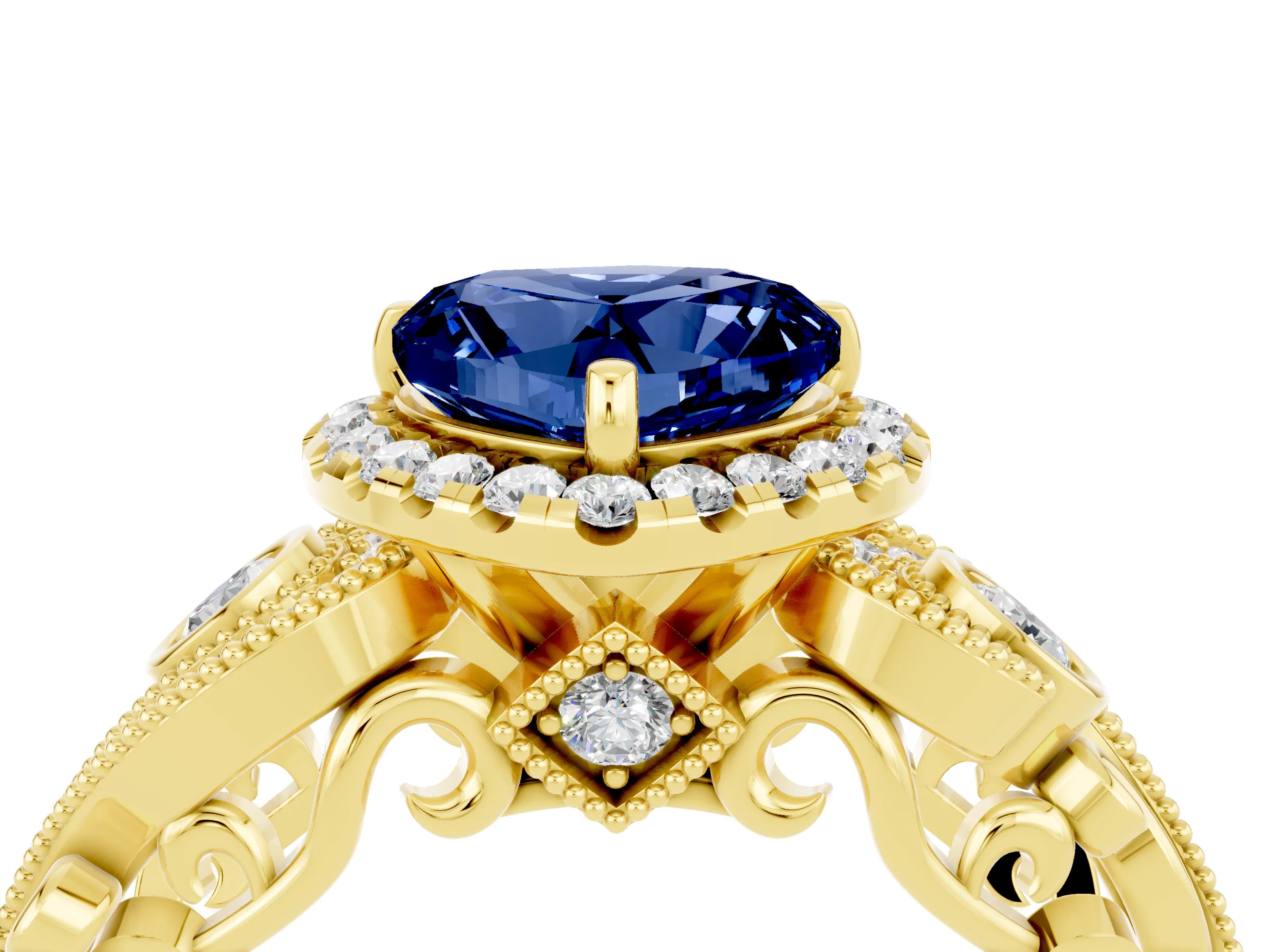 Yellow gold Heart Cut Blue Sapphire Halo Ring with Milgrain Pavé Band and Four-Prong Setting_16